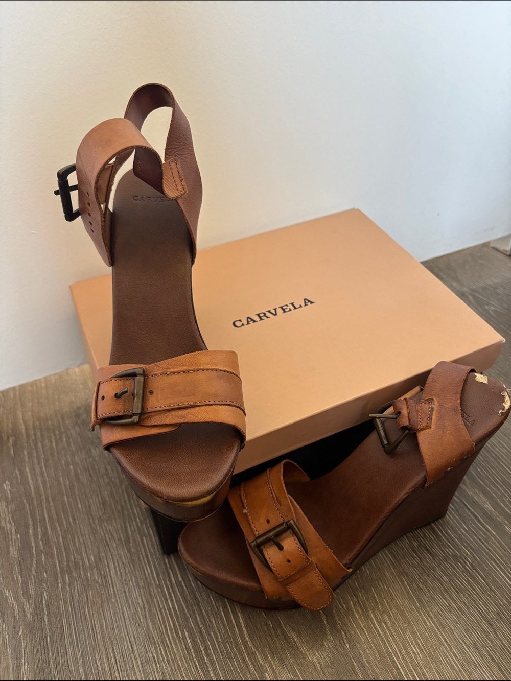Carvela Tan Leather Wedge Sandals with Ankle Strap